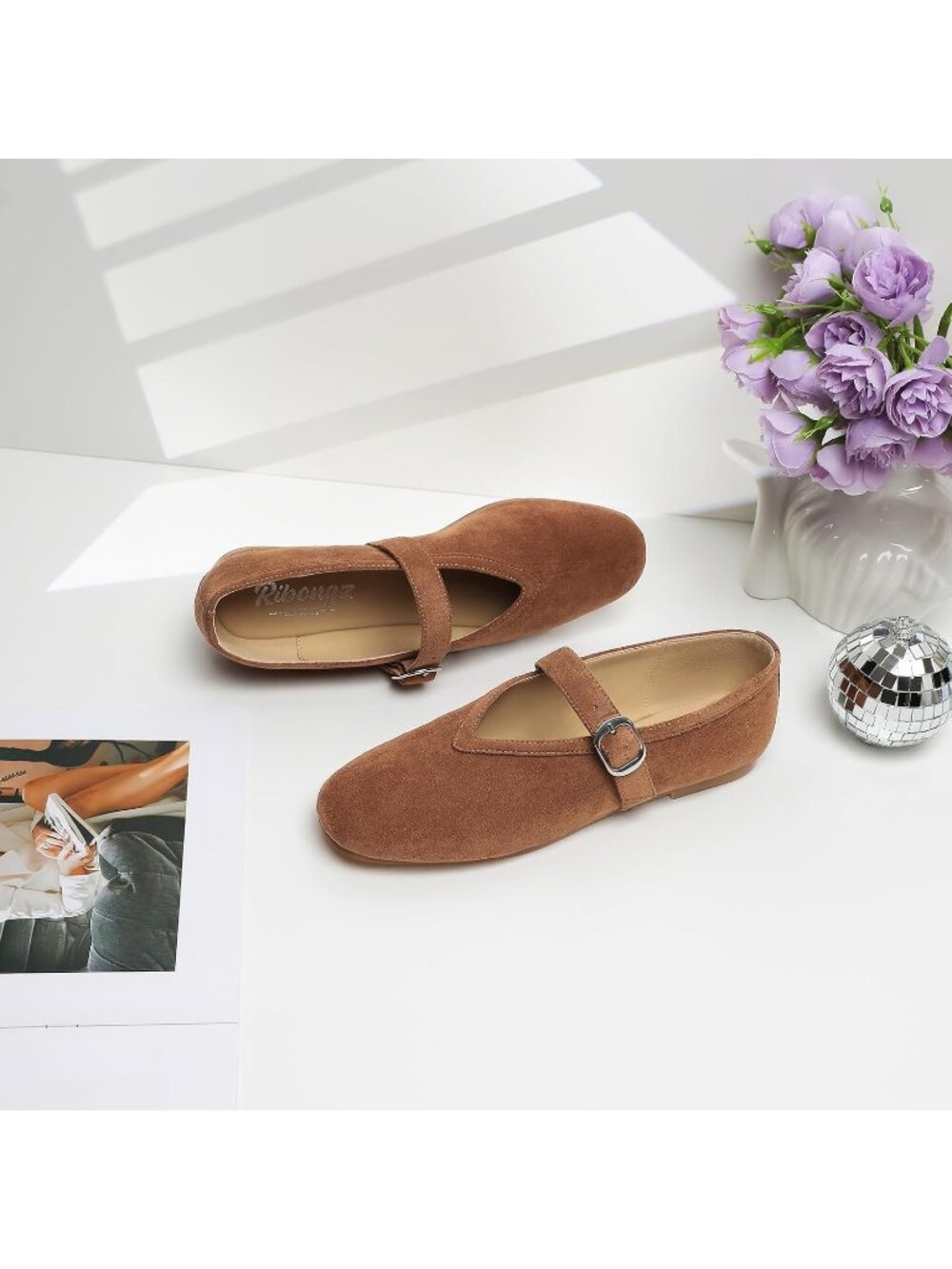 Women's Tan Suede Flats Foldable Ballet Mary Jane Comfort Round Toe Dress Shoes - Picture 5 of 6